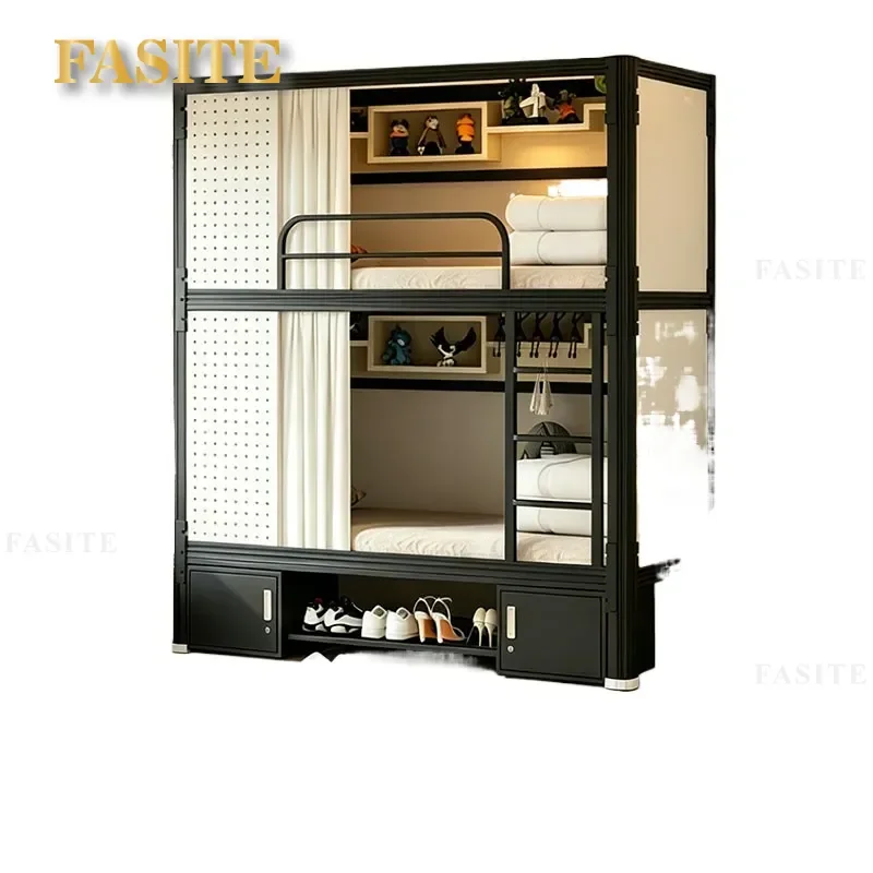 For Space Capsule Upper and Lower Bunk Bed Wrought Iron Frame with Locker Steel Wooden Structure for Student Dormitory B&B