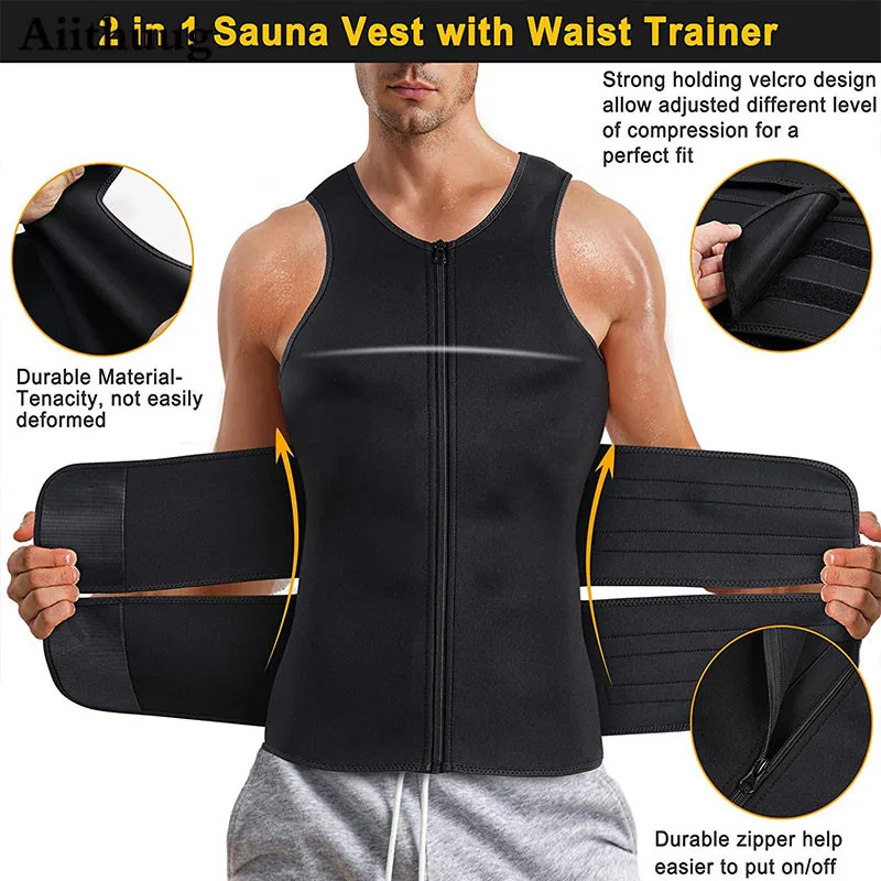 Aiithuug Sauna Vest for Men Waist Trainer Zipper Neoprene Sauna Sweat Suit Tank Top Workout Waist Trimmer Vest Neoprene Suit