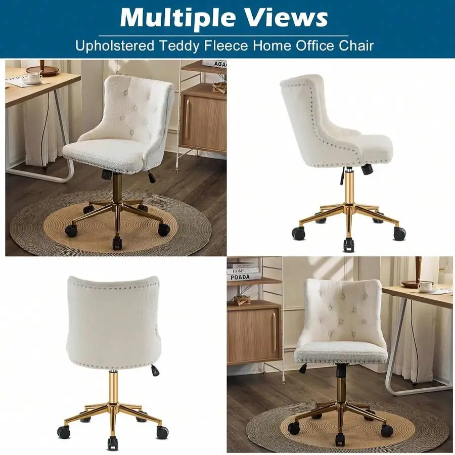 White Teddy Fleece Armless Office Desk Chair With Gold Base/Wheels, Cute Vanity/Makeup Chair With Back For Bedroom, Upholstered