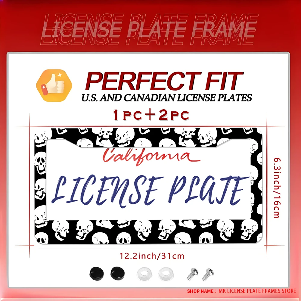 جمجمة أبيض وأسود - رسوم متحركة مبتكرة مطبوعة 2 - إطار لوحة ترخيص من الألومنيوم مع مجموعة براغي، هدية تزيين السيارة، 6 × 12 #1