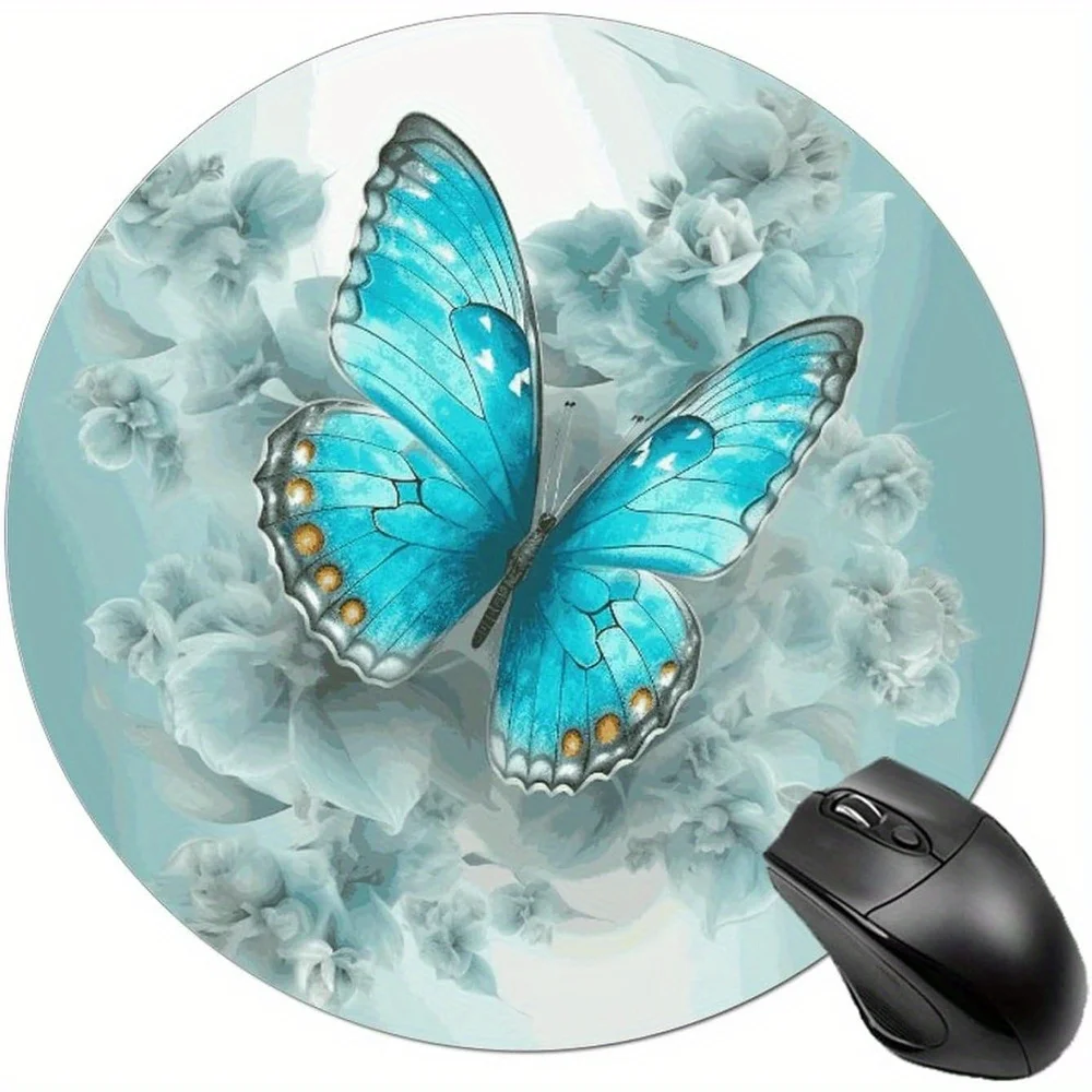 

Light blue butterfly and flower patterned round mouse pad, anti-slip rubber base, game desktop, cute mini computer accessory