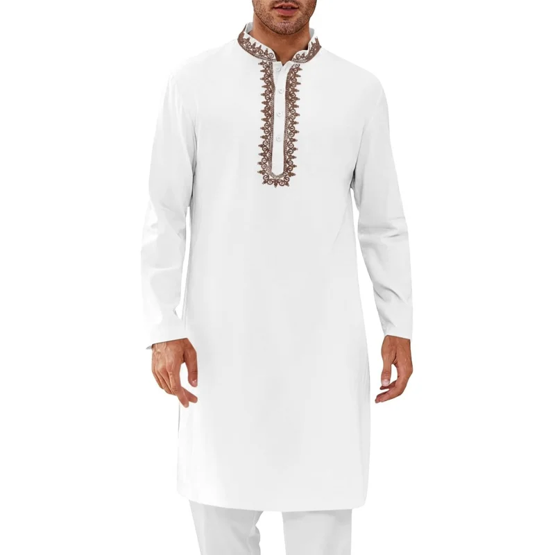 

Mens Kaftan Thobe Cotton Henley Shirt Long Sleeve Embroidery Robe Casual Kurta Muslim Gown Shirt