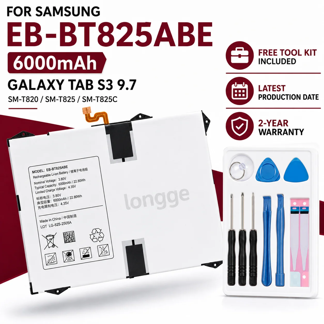 Premium Replacement Tablet Battery EB-BT825ABE 6000mAh For Samsung Galaxy Tab S3 9.7 SM-T825C T820 T825 Repair