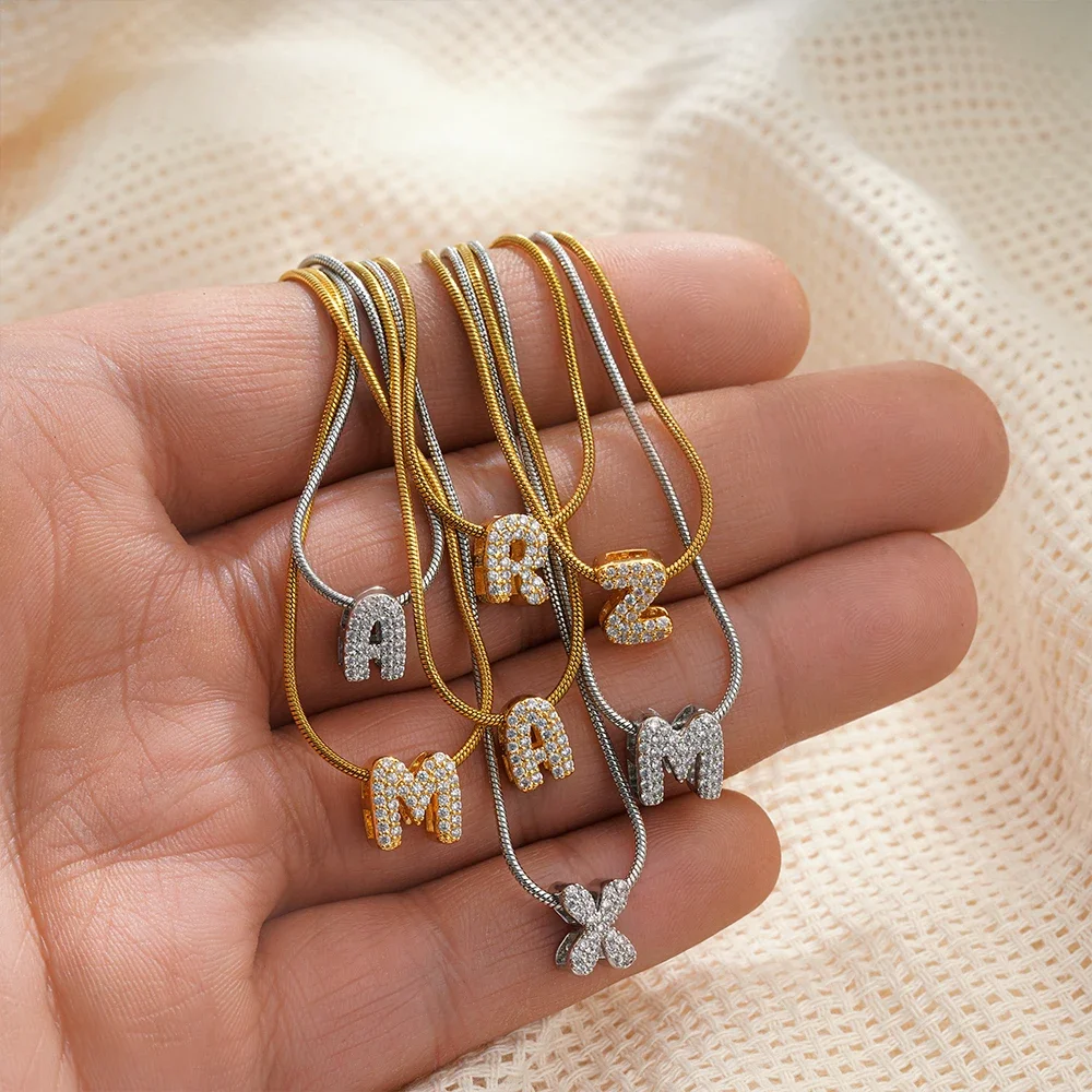 Mini A-Z 26 Letter Pendant Neckalce Rust Proof Shininy Zircon Initial Alphabet Stainless Steel Gold Plated Choker Jewelry Gifts