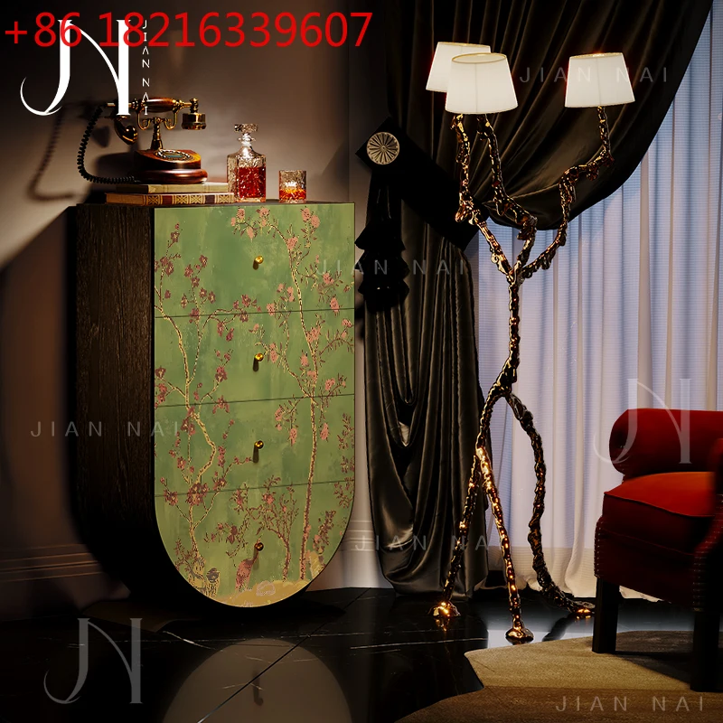 

Американский средневековый шкаф из цельного дерева с четырьмя сундуками, зеленый цветок и птица, украшение для гостиной, спальни, хранение, вход, лифт