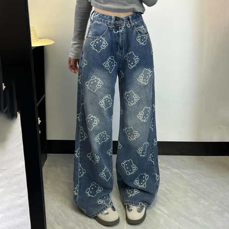

Cartoon Hello Kittys Printed Jeans Women Fashion High Waist Wide Leg Pant Y2K Girls Loose Denim Pant Spring Casual Trousers Gift