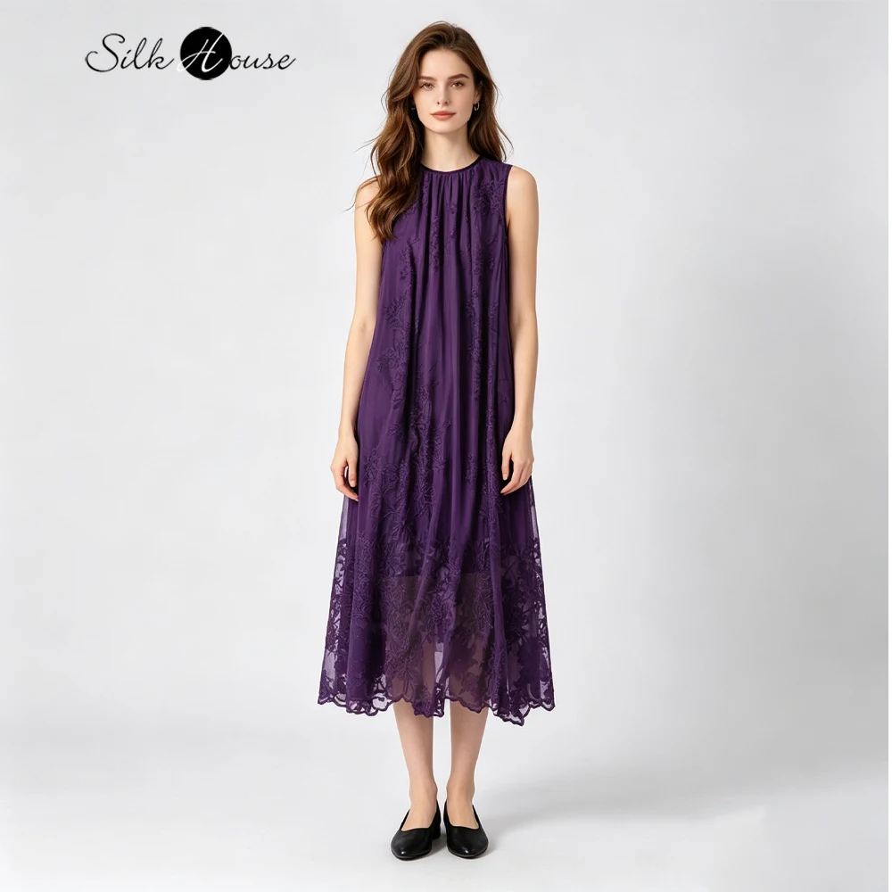 

Элегантное женское вечернее платье-майка из натурального шелка тутового шелкопряда (с подкладкой из нешелкового материала) с вышивкой в стиле Heavy Industry, удлиненное, фиолетовое