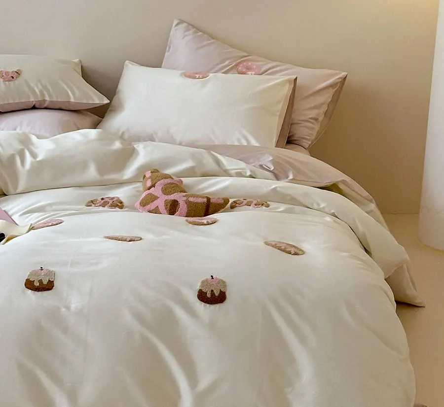 

Милый комплект постельного белья с вышивкой хлеба, торта и пончика, полный королевский розовый синий хлопок, домашний текстильный плоский лист, наволочка, пододеяльник