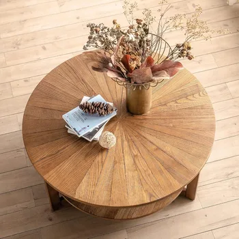 Image Wood Round Coffee Table for Living Room, 2 Tier Circle Coffee Table with Storage, Rustic Natural Coffee Table, Easy Assembly