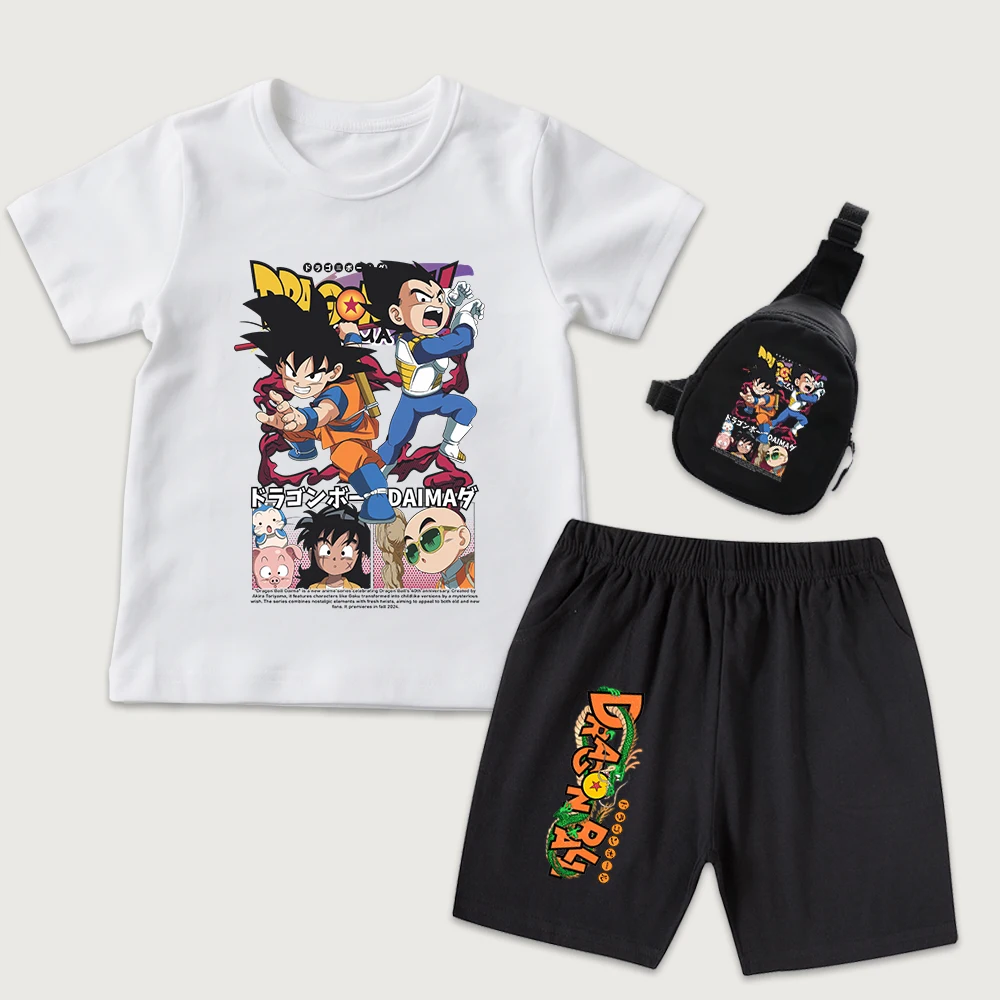Dragon Ball Daima Anime Print Kids Cotton T Shirt and Shorts Set with Mini Chest Bag 3 Pieces Set for Boys Girls Casual Wear