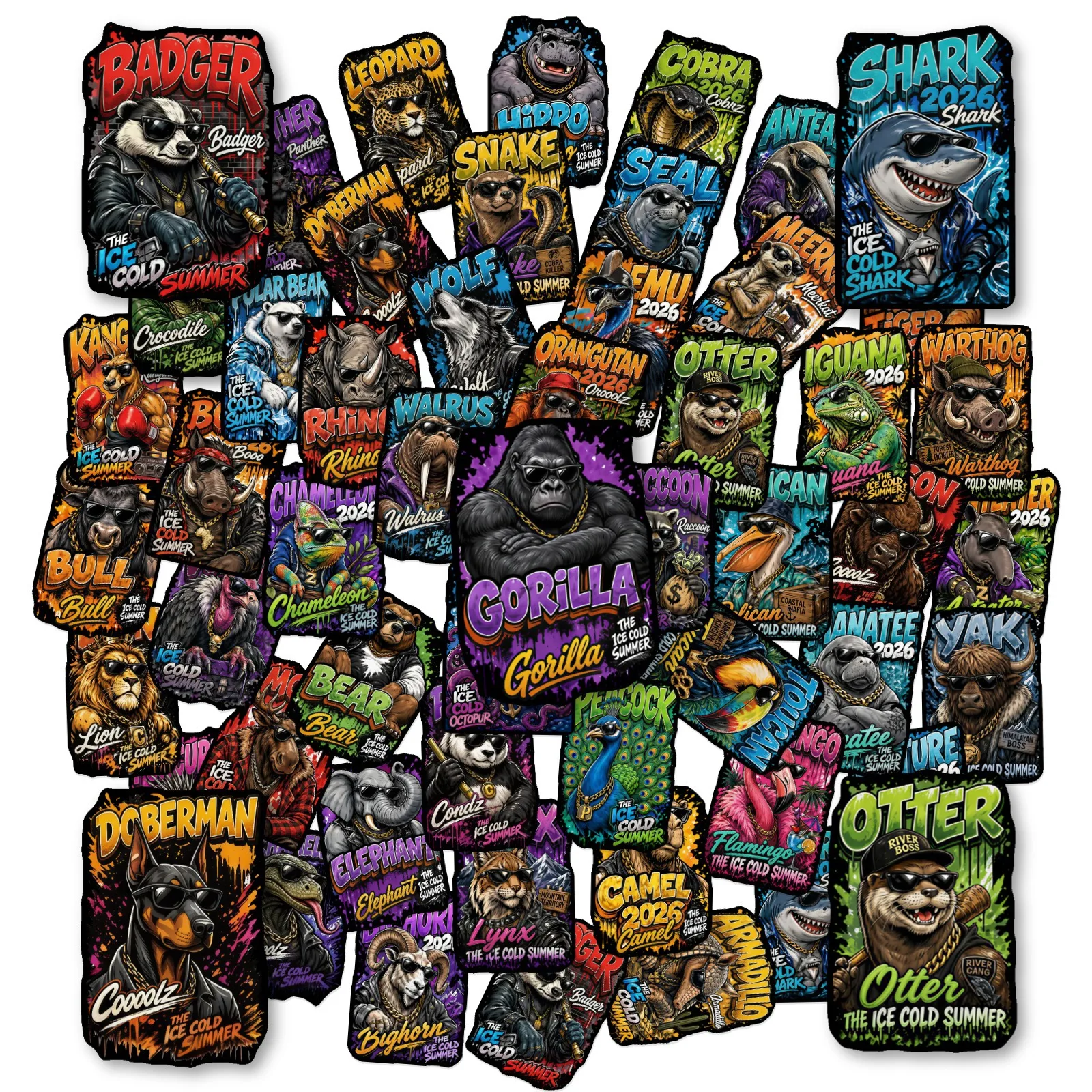 50-Pack Fashion Trendy Style Animal Decal Stickers Waterproof Durable Decals for Luggage Guitars Tablets Stationery