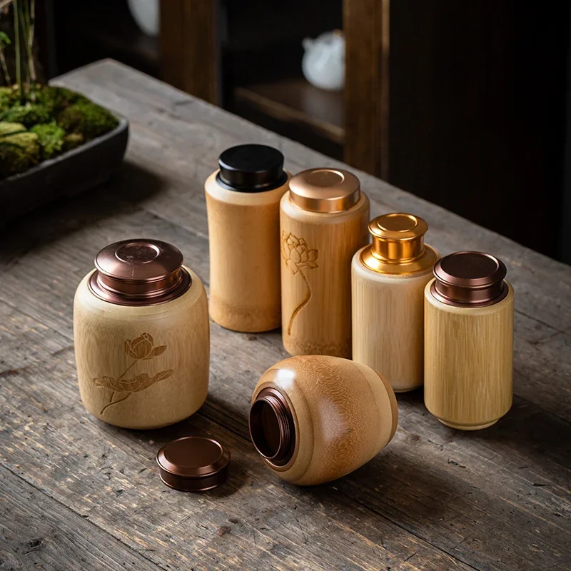 Portable Bamboo Sealed Tea Caddy Handmade Wood Container Chinese Style Household Storage Jar Rustic Tea Organizer