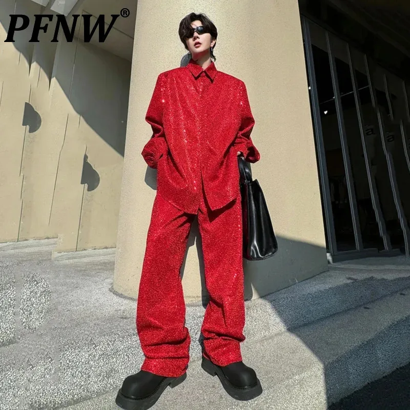 

PFNW Men's Suit Set Sequin Turn-down Collar Long Sleeve Male Street Shirts Men Casual Wide Leg Pants Autumn New Chic 2024 9C4562