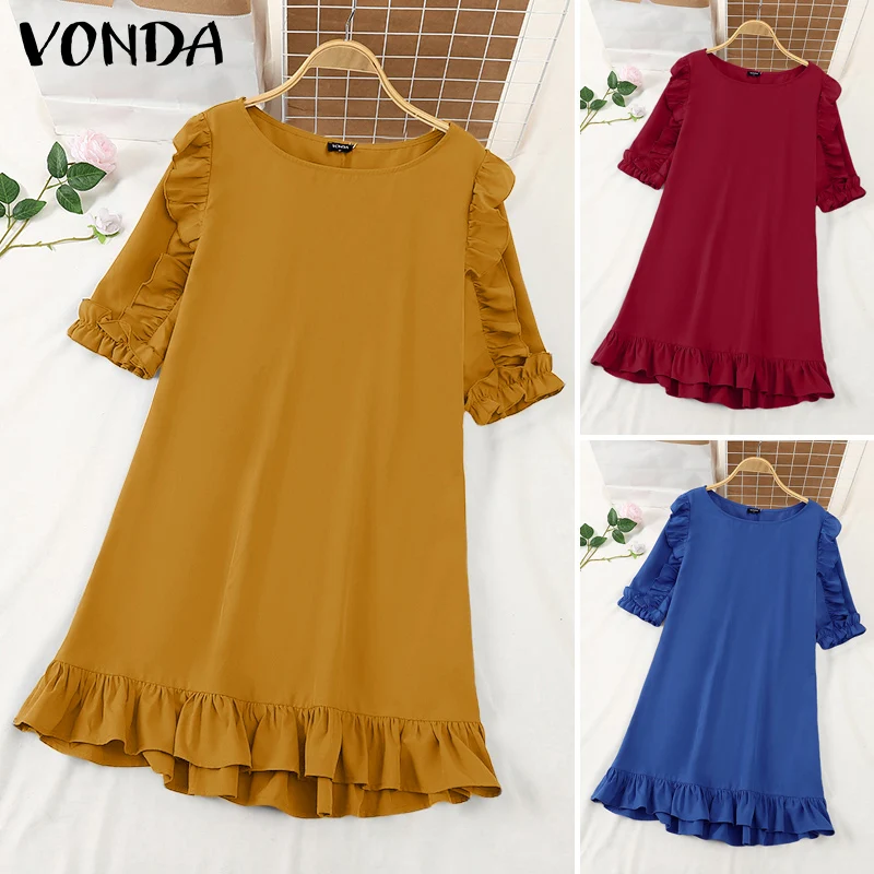 VONDA Women Mini Dress 2025 Elegant Ruffled Sundress Casual Half Sleeve Solid Sundress Summer Holiday Lady Vestidos Robe