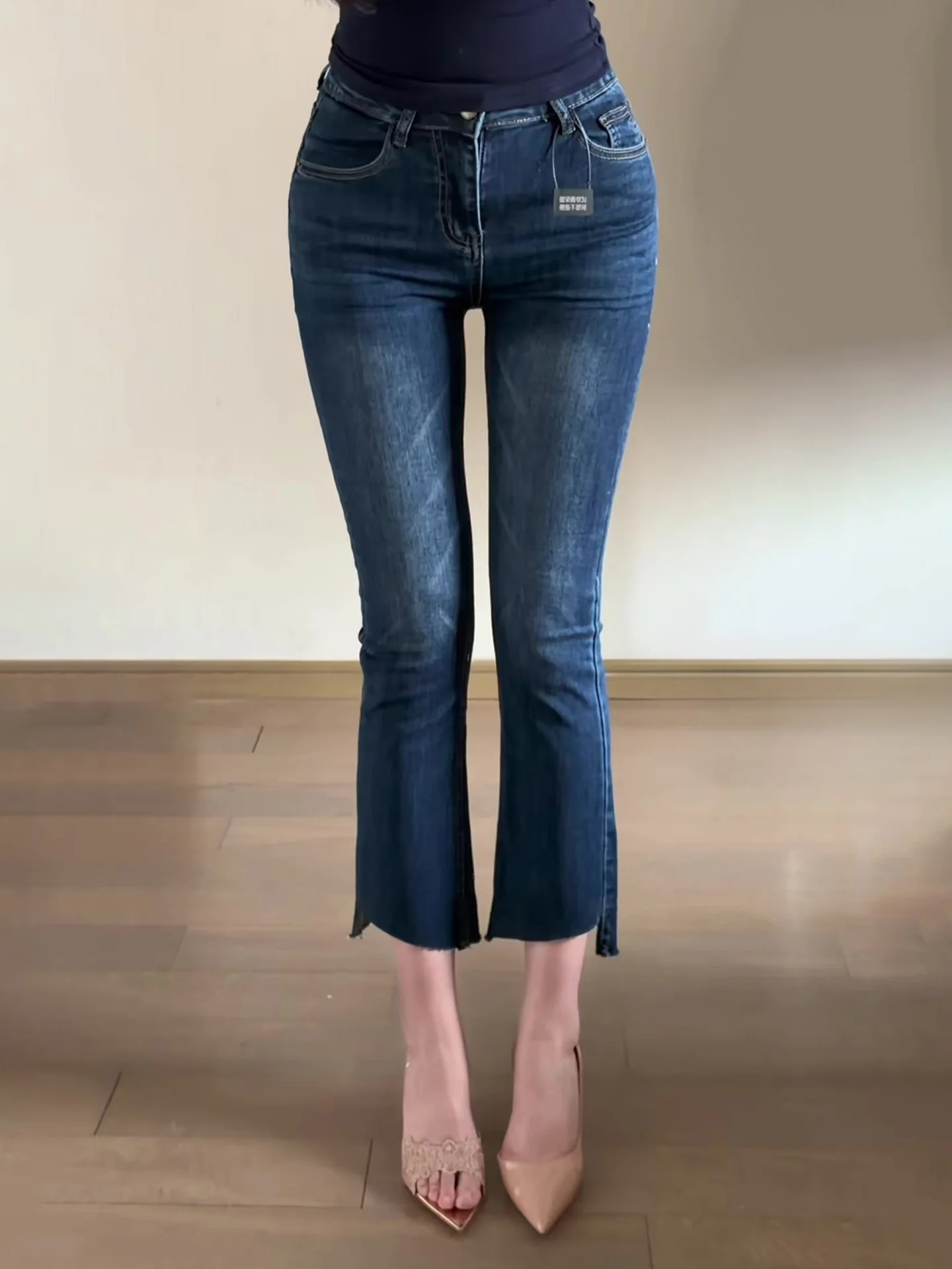 

American Style Spicy Girl High Waist Lift Butt Slimming Nine Point Jeans Women's Design Tapered Irregular Hem Cotton Stretch ...