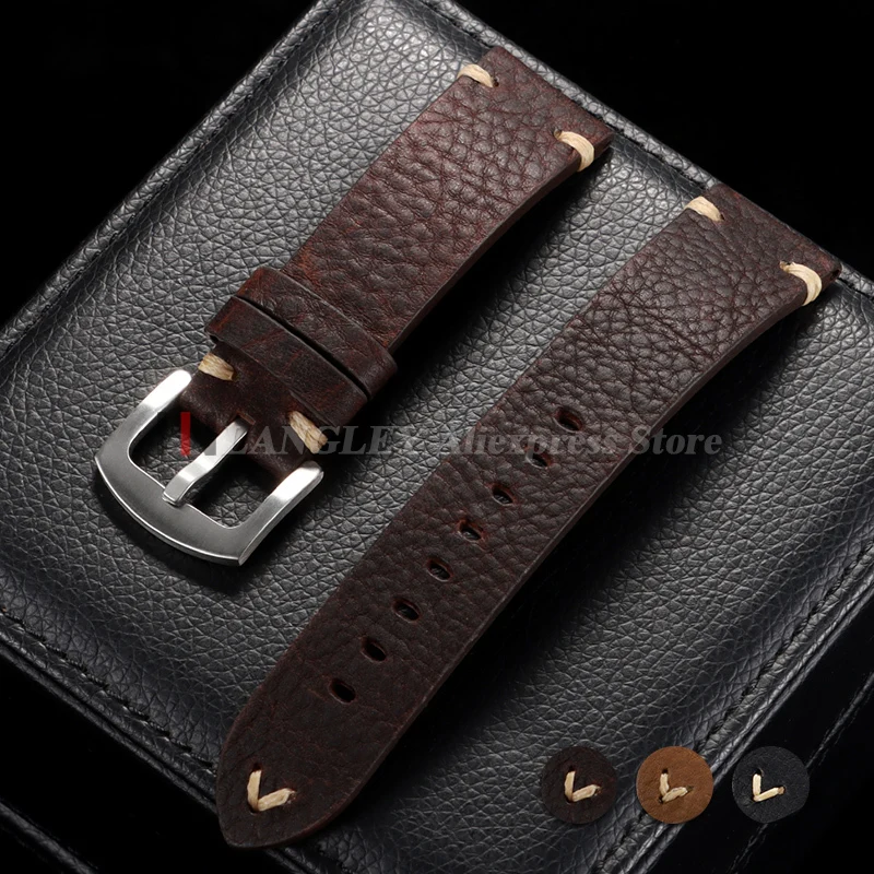 

Ремешок для часов из натуральной кожи ручной работы, старый коричневый, черный, 18 мм, 20 мм, 22 мм, мягкий мужской винтажный браслет, первый слой из воловьей кожи, ремешок для умных часов