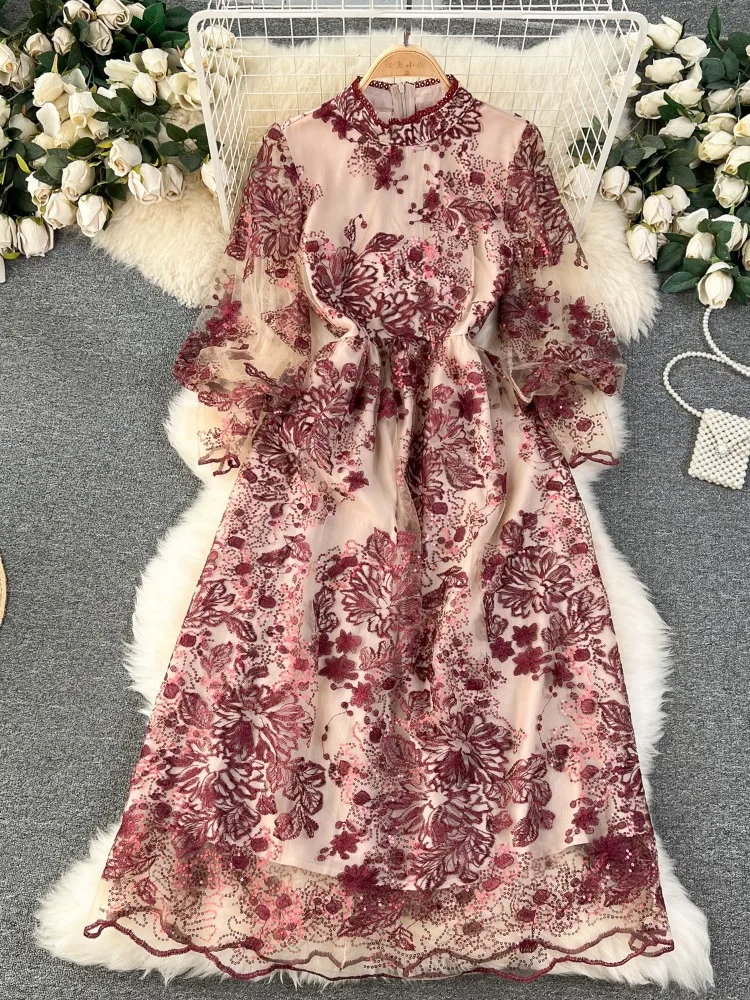 New Gauze Stand Neck Embroidery Floral Women Dress Temperament Vintage Zipper Dress Autumn Party Fashion Vestidos Femme 2024 Wj