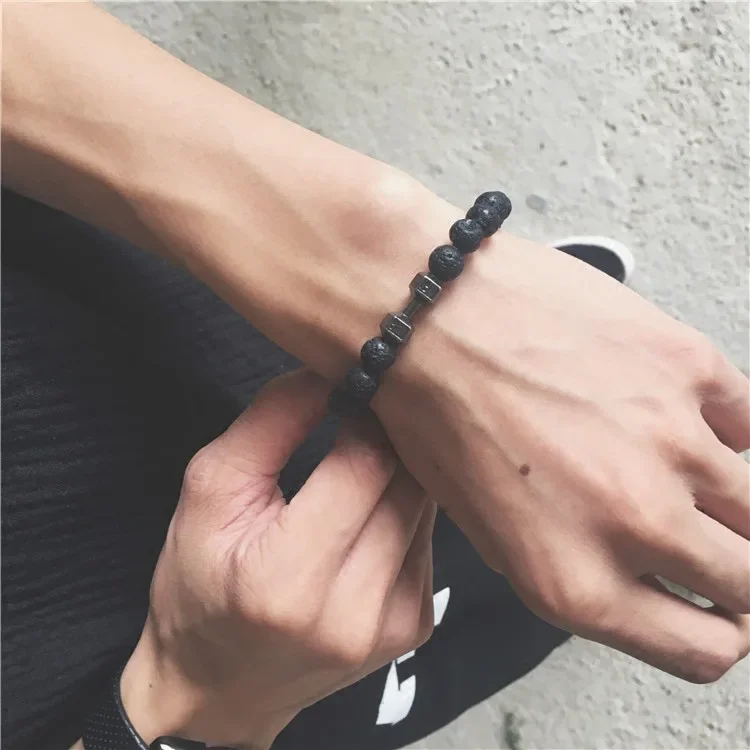 Natural Volcanic Stone Bracelet Men Matte Black Lave White Beads Charm Dumbbell Strand Bracelets Women Barbell Fitness Jewelry