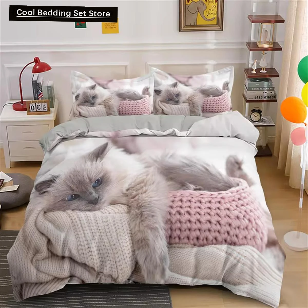 

Cute Cat Bedding Set 3D Duvet Cover Set Single Double Twin Full Size Teens Adults Bedclothes Soft Polyester Bed Linen For Baby