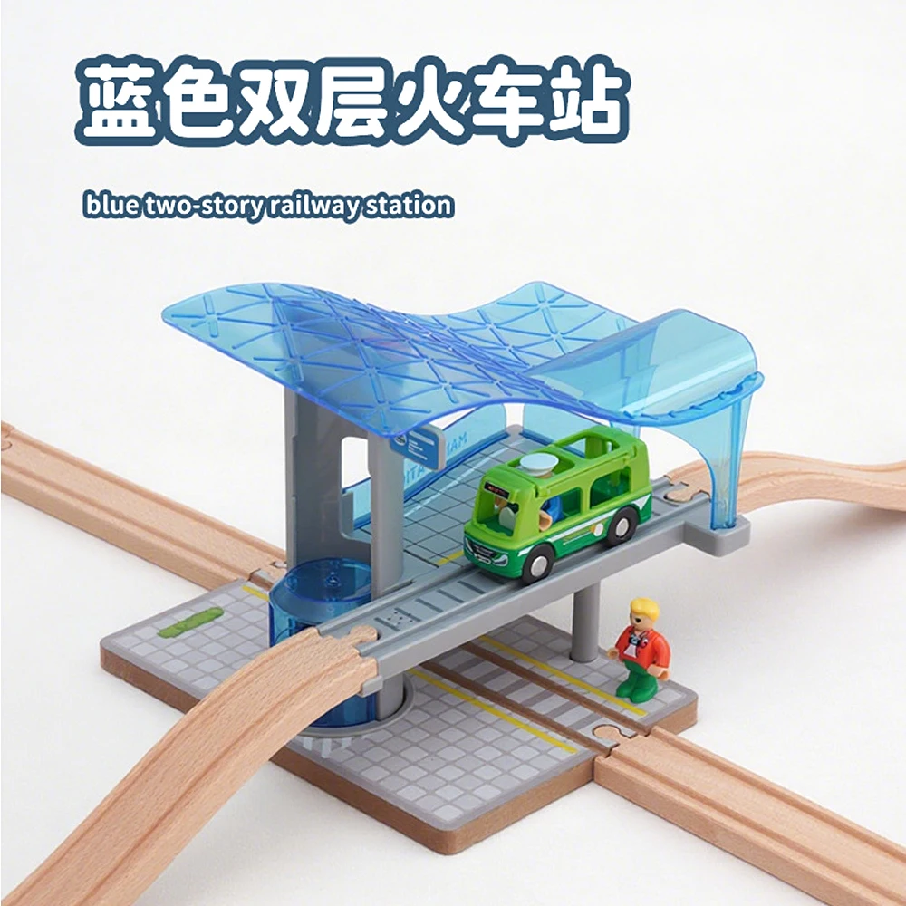 Double Decker Elevator Sound Train Station Platform Scene Wooden Track Expansion Set, Compatible With Small Train Track Toys