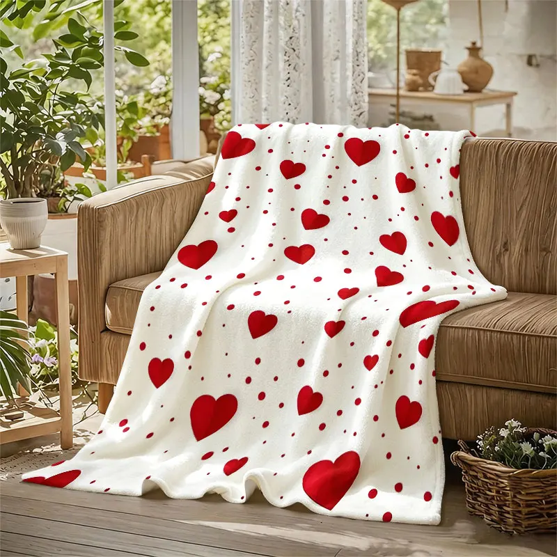 Red Heart Doodle Flannel Blanket Warm Soft Halloween Christmas Decorative Couch Warm Cozy All-Season Gift