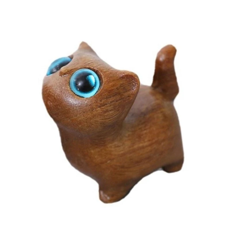 

652F Wooden Carved Cats Sculpture Miniature Kitten Figure Decorative Ornament for Living Room or Office Desktop Shelf Display