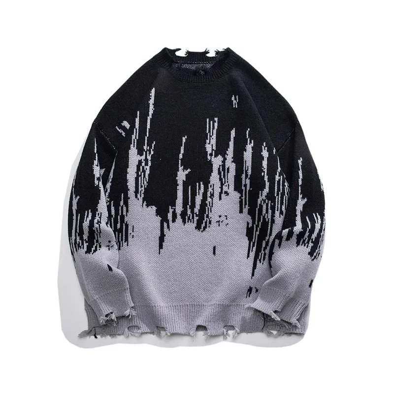 Fashion Men\'s Sweaters Tie-dyed Contrast Graffiti Hip Hop Clothing Cut Broken Knit Pullovers Oversize Streetwear Jumper for Man