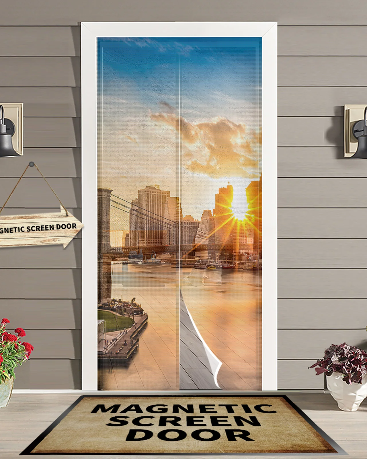 City Sunset Bridge Dusk Building Magnetic Mosquito Net Summer Anti Bug Fly Door Curtains Kitchen Screen Door Mesh