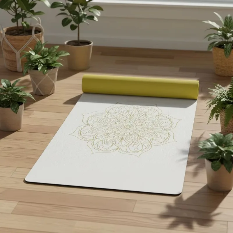 Screen Printed Mandala PU Rubber Yoga Mat, Non-Slip Metallic Gold Silver Rose Alignment Folding Exercise Pad