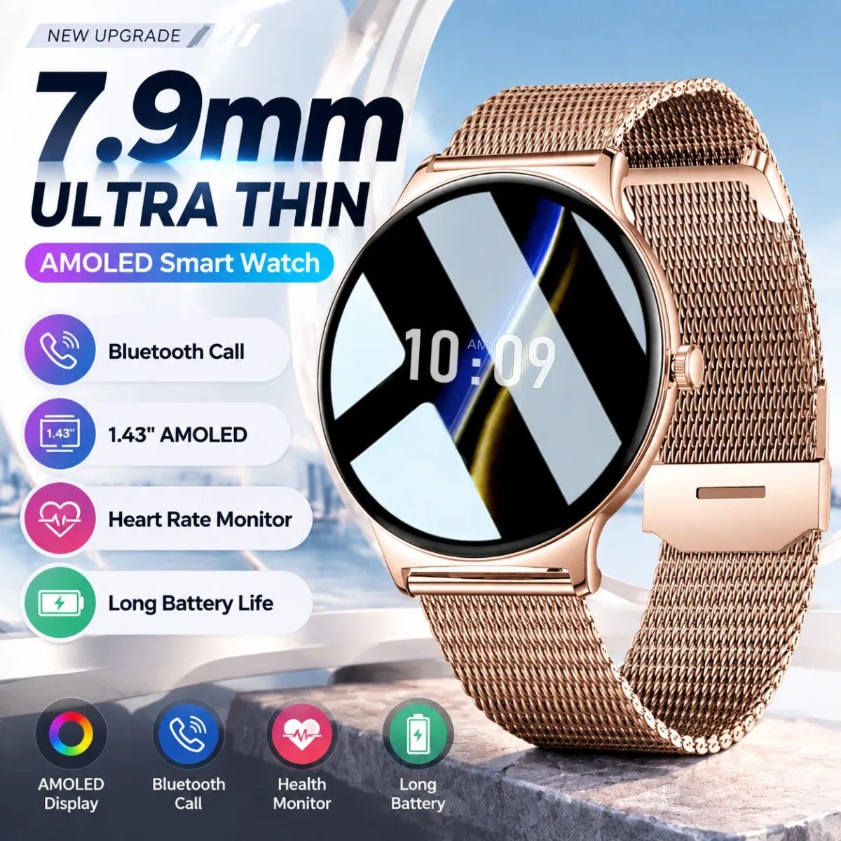 1.43 AMOLED Smart Watch Women : 7.5mm Ultra-SlimAlways Display Time Heart Rate Bluetooth Call High-end Fashion Smartwatch New