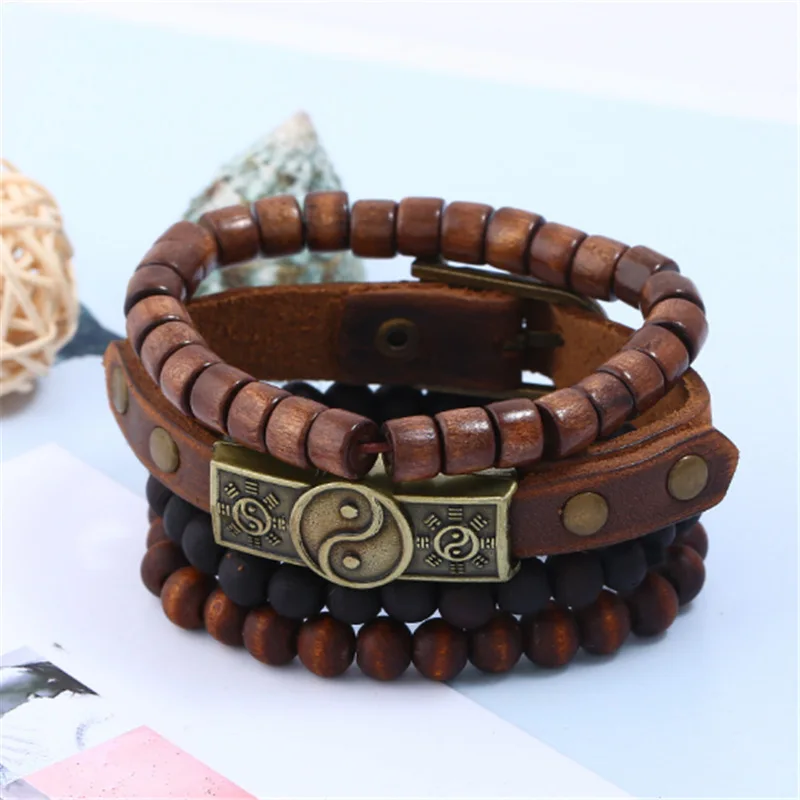 Yin Yang Retro Alloy Gossip Leather Bracelet Hand Rope Multilayer Set Punk Vintage Casual  Lace Up Cord Chain Simple Men Jewelry