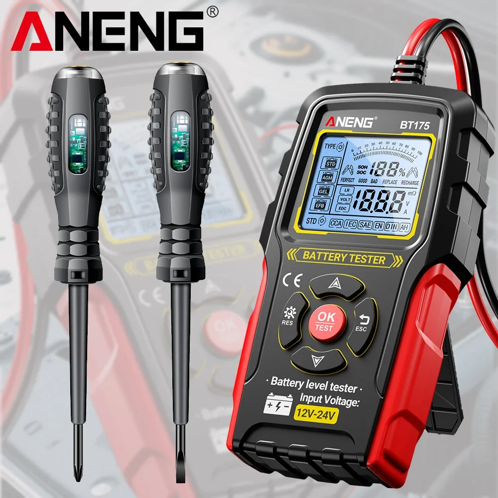 ANENG Rapid Detection Car Battery Tester No Power Required With Insulated Alligator Clip BT175+B05 Screwdrivers Electric Pen