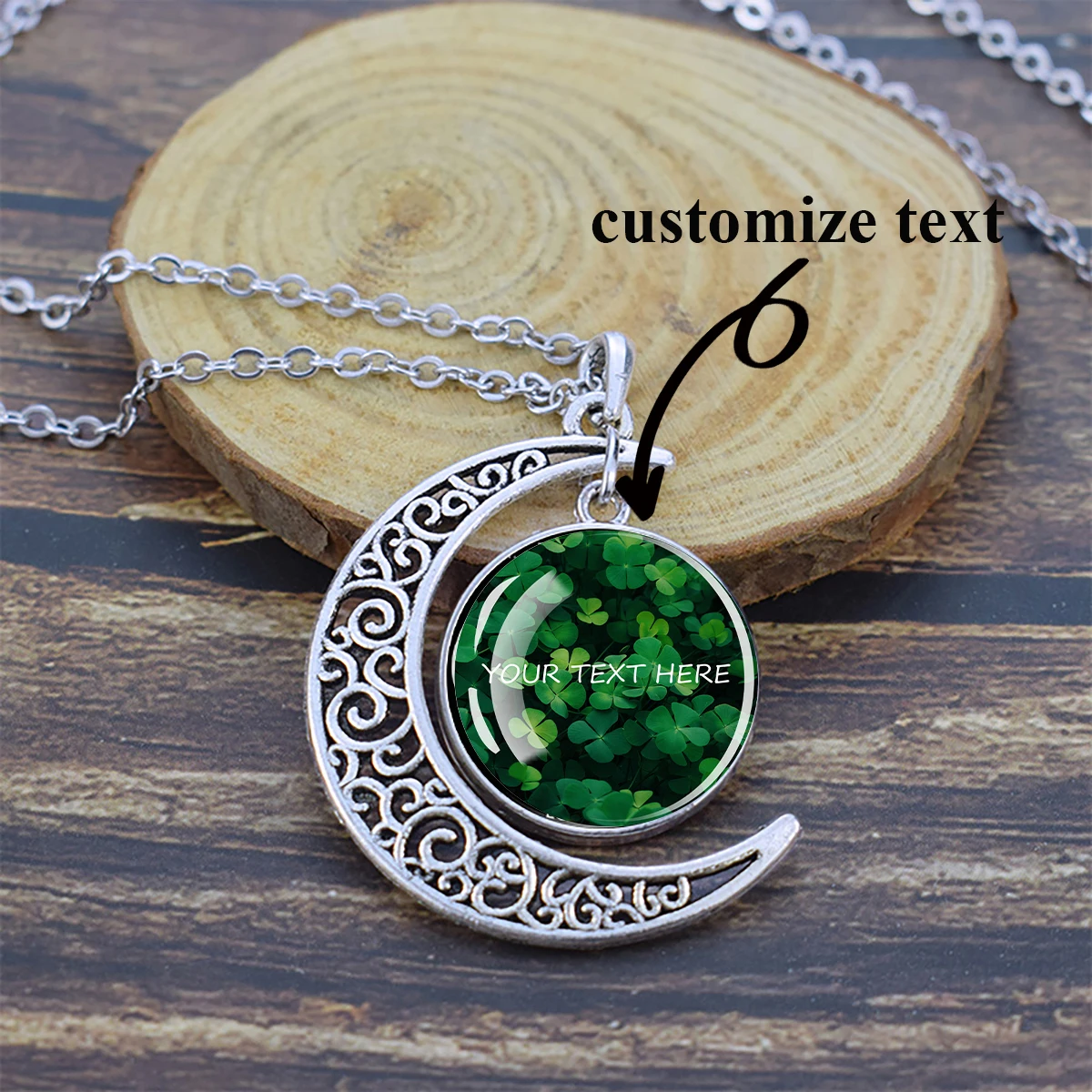Personalized Text Necklace Picture Custom World Four-leaf Clover Necklaces Glass Crescent Pendant Chains Jewelry Christmas Gift