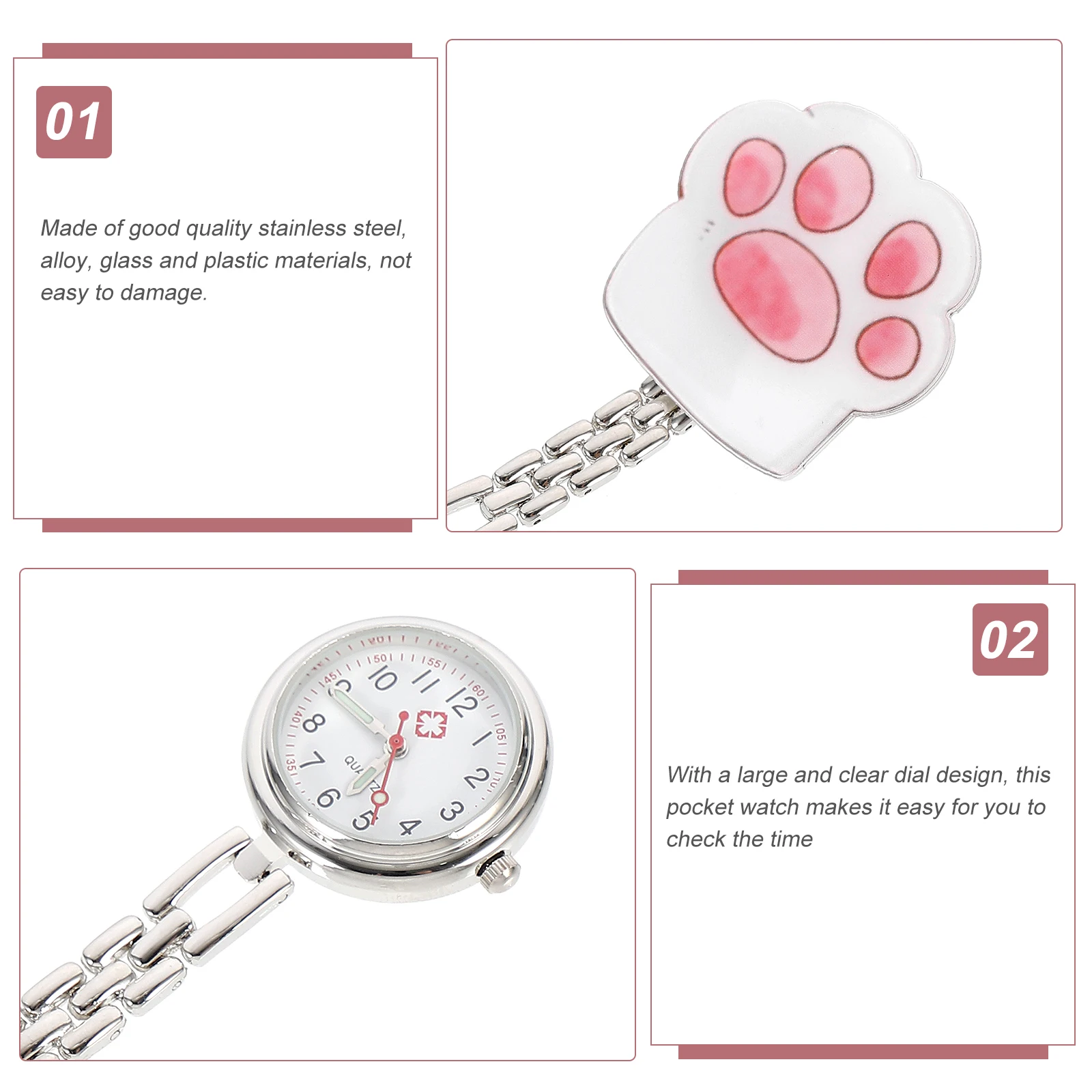 Cat Paw Cartoon Pocket Watch Stainless Steel Clear Numbers Cartoon Chest Watch for Nurses Doctors Students Gifts