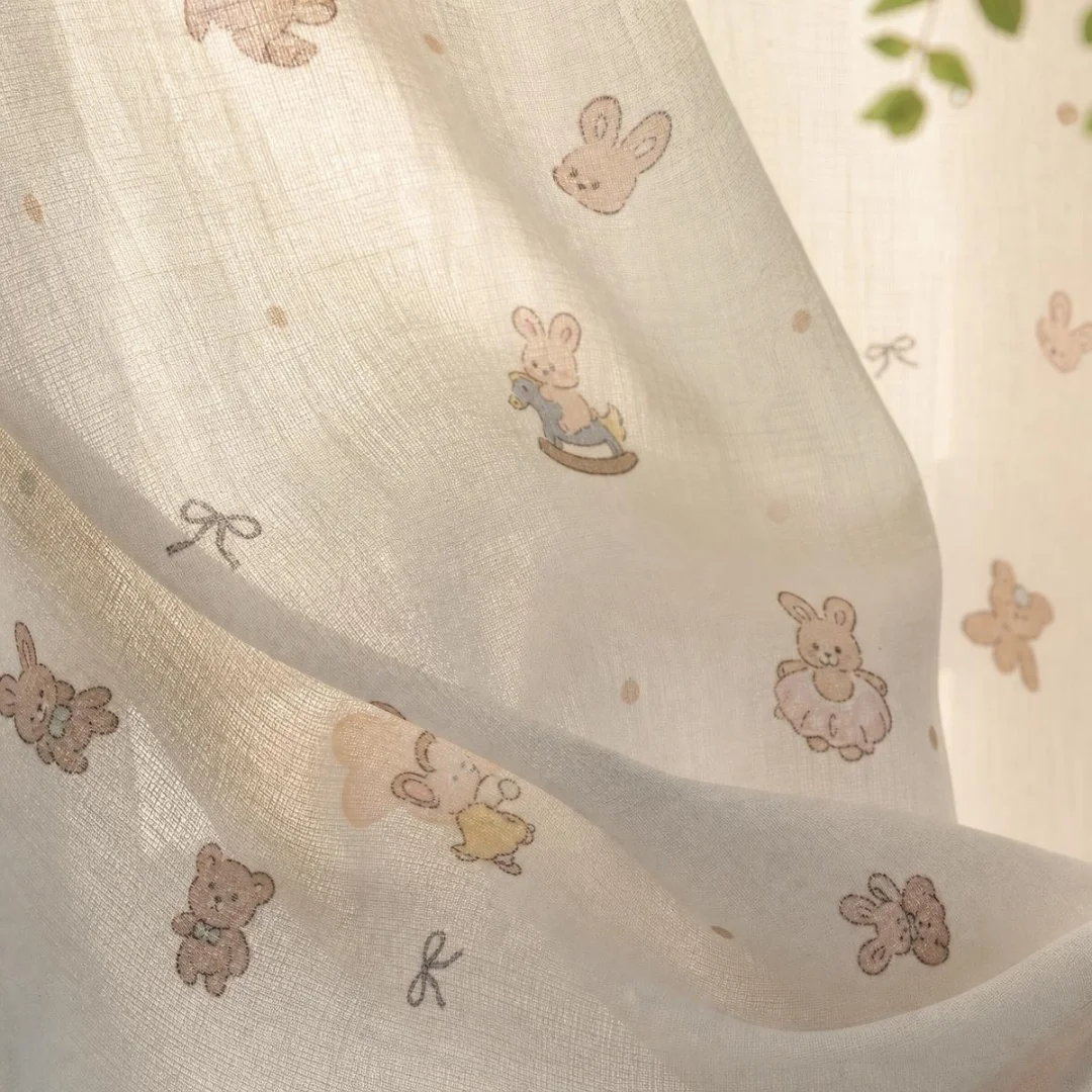 Cute Bear Rabbit Bow Print Curtain,Textured Linen‑like Drapes,Sweet Cartoon Window Curtains for Kids Bedroom Nursery Home Decor