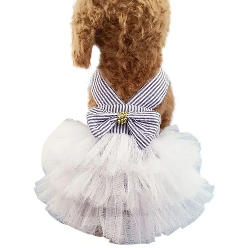 Spring Pet Summer Bowknot Pet Costume Dress Pet Dog Striped Cat Dog Puppy Wedding Princess Skirt Dog Clothes