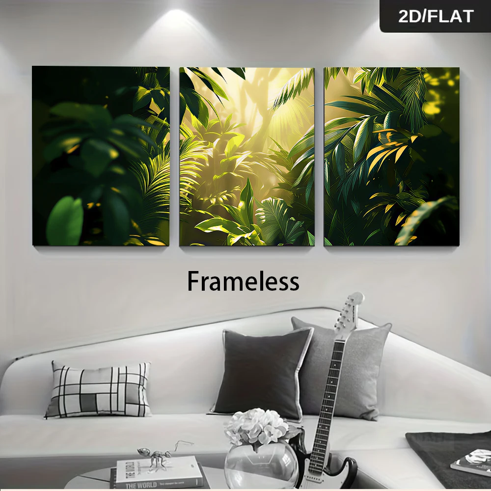One set of frameless three-panel decorative paintings of tropical jungle landscapes, featuring modern minimalist style in 2D.