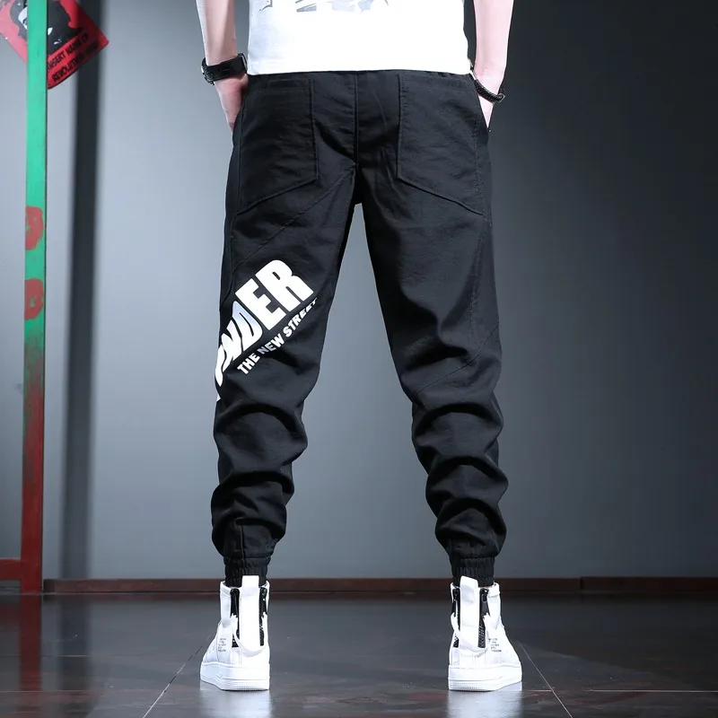 Pantalones deportivos informales para hombre, ropa de calle a la moda, con letras impresas, para correr, color negro, holgados, con cordón