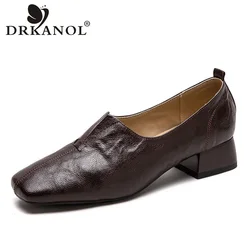 DRKANOL British Style Genuine Leather Thick Heel Shoes Women Loafers Genuine Leather Sheepskin Square Toe Casual Women Shoes