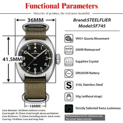 STEELFLIER Men's 36MM Quartz Watch Luxury SF745 Swiss Luminous VH31 Mute Movement 20Bar Waterproof Unisex Fashion Dive Watch