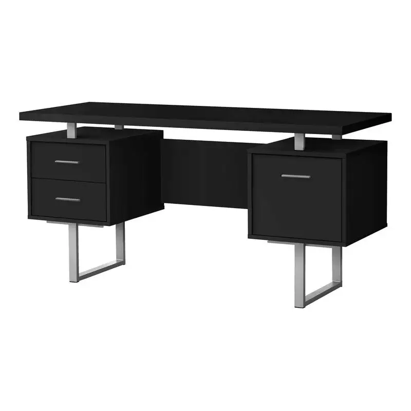 

Contemporary 60" Computer Desk for Home Office, Black Laminate with Grey Metal, Ideal for Laptop Set-up with Storage Drawers,