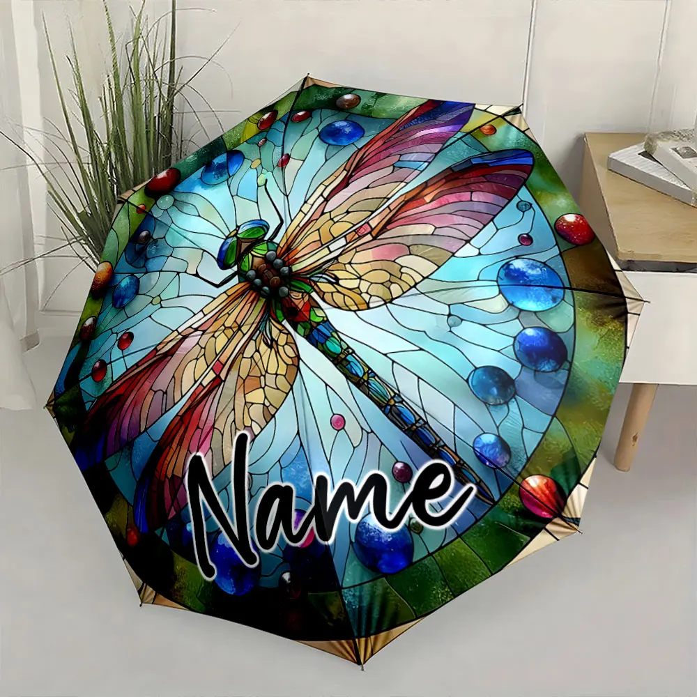 Custom Name Artistic Dragonfly Umbrella Design 8 Iron Ribs Folding Umbrella Auto-Open Fashionable Sunshade Deluxe Gift