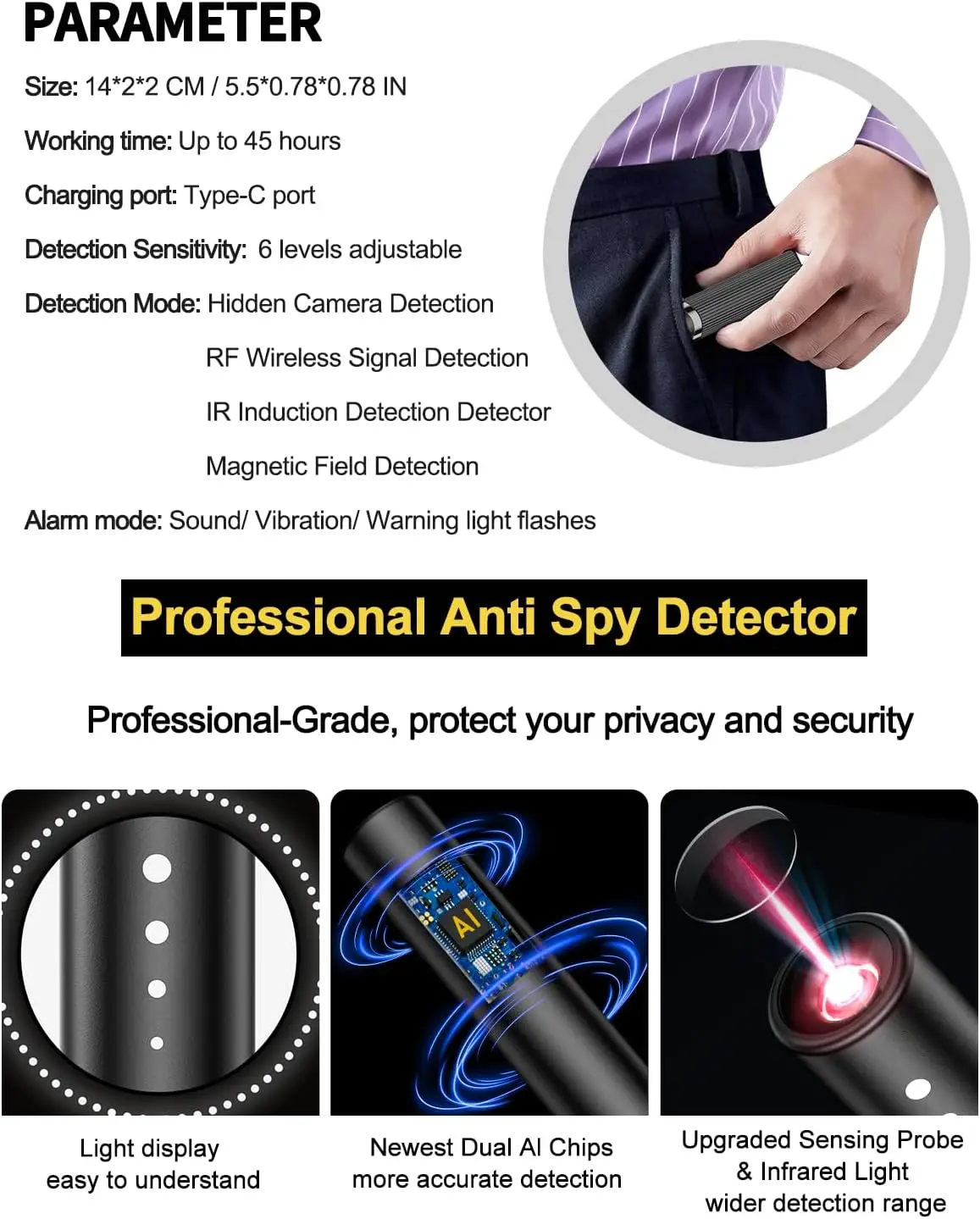 TINSOL Detektor Kamera Tersembunyi Perangkat Pelacak GPS Detektor Perangkat Mendengarkan Rekaman Detektor Kamera Bugging Tersembunyi Mobil Hotel