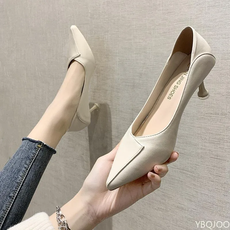 Primavera estate nuove eleganti semplici tacchi alti da donna alla moda versatili bocca bassa tacchi sottili scarpe a punta