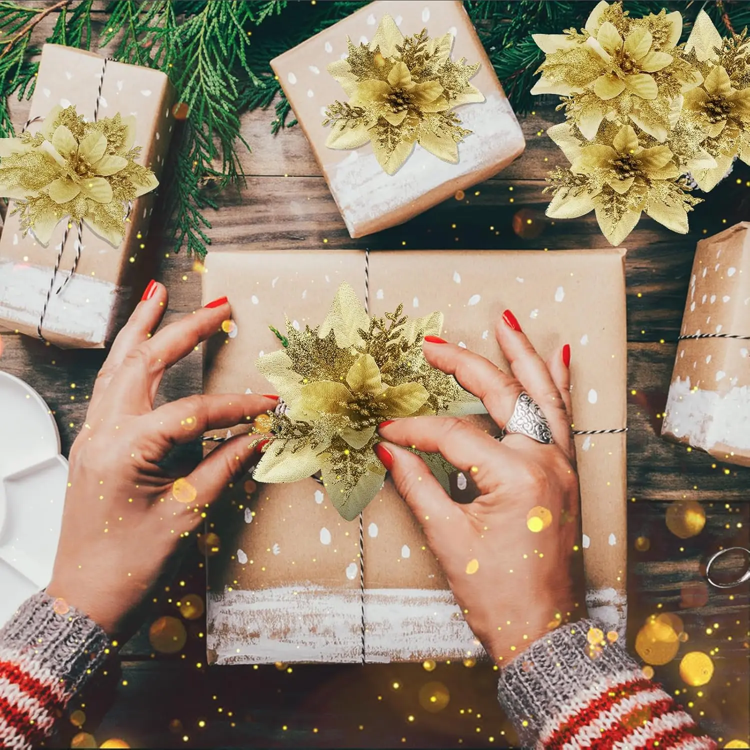 الاصطناعي بريق زهرة البونسيتة عيد الميلاد الحلي DIY إكليل شجرة عيد الميلاد الأزهار الزفاف عطلة ديكور حفلات الزهور وهمية