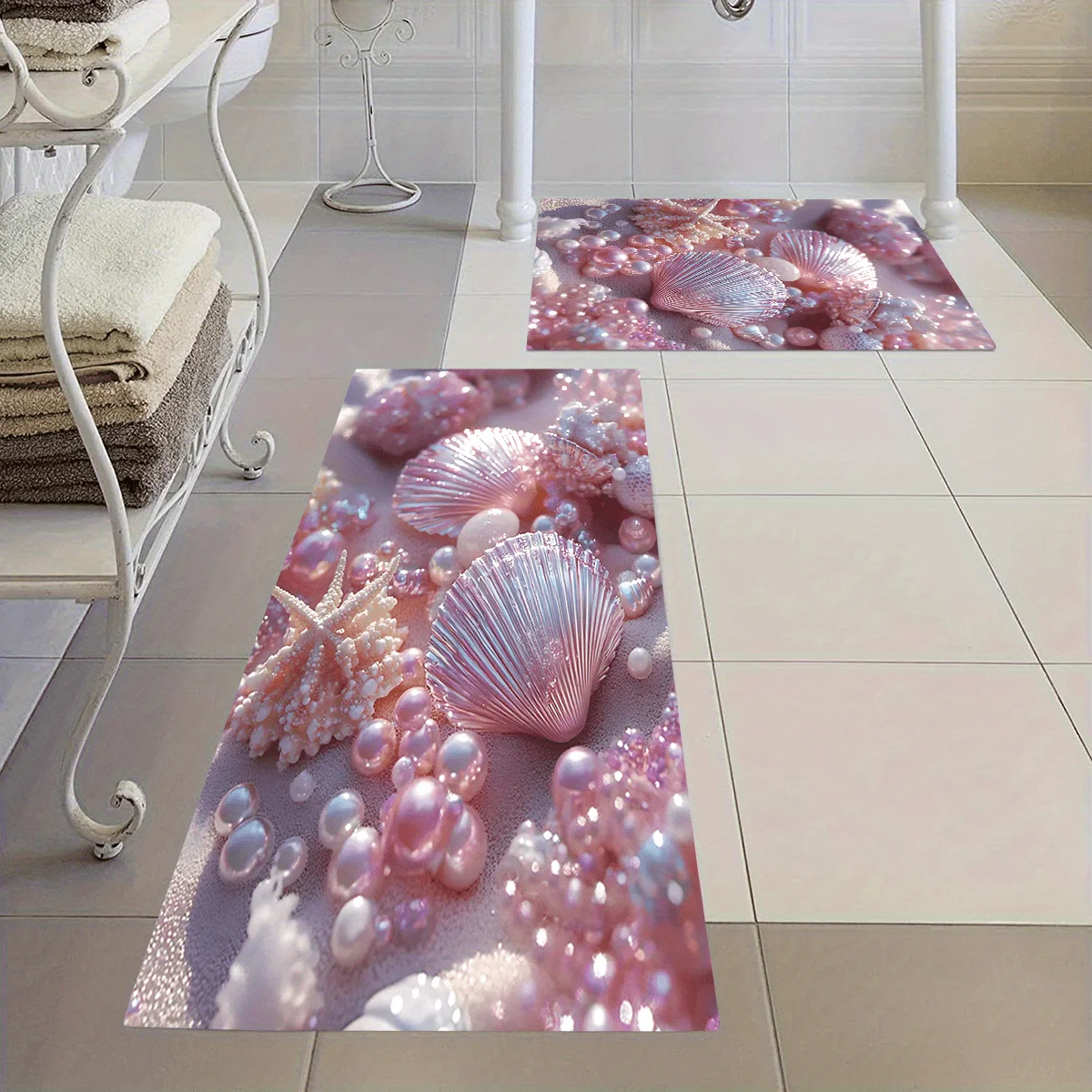 2pcs/ 3pcs/ Set Dreamy Pink Pearl Shell Printed Bathroom Floor Mat Set, Home Decoration Area Carpet, Machine Washable, Wash Ba
