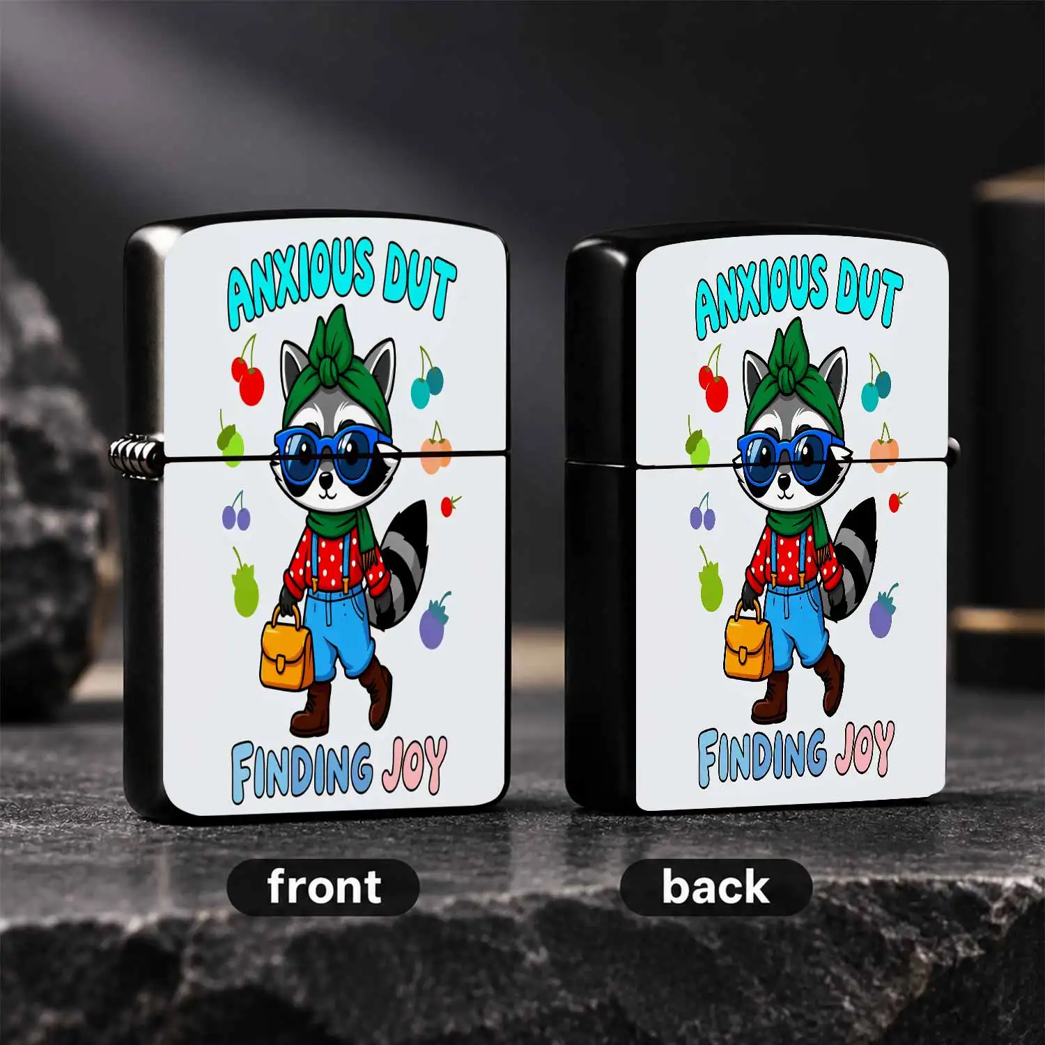 Cute Anxious Raccoon Printed Lighter, Stylish Portable Daily Use Ignition Tool With Cheerful Fruit Decor, Delightful Finding Joy Themed Accessory, Nice Warm Present For Friends Family For Camping Hiking Home Kitchen Out A Humorous And Inter