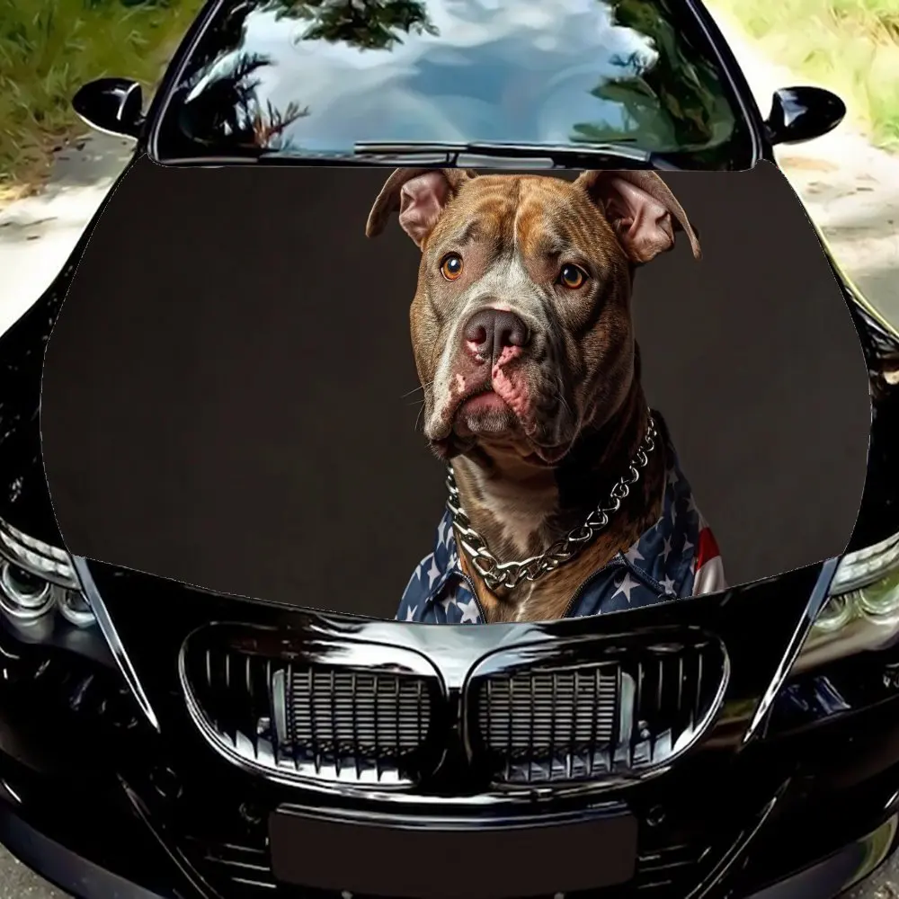 

Pitbull Pet American Flag PVC Car Vinyl Wraps, Self-Adhesive Waterproof Car Hood Decal Sticker, Car Decoration Protection Sticke