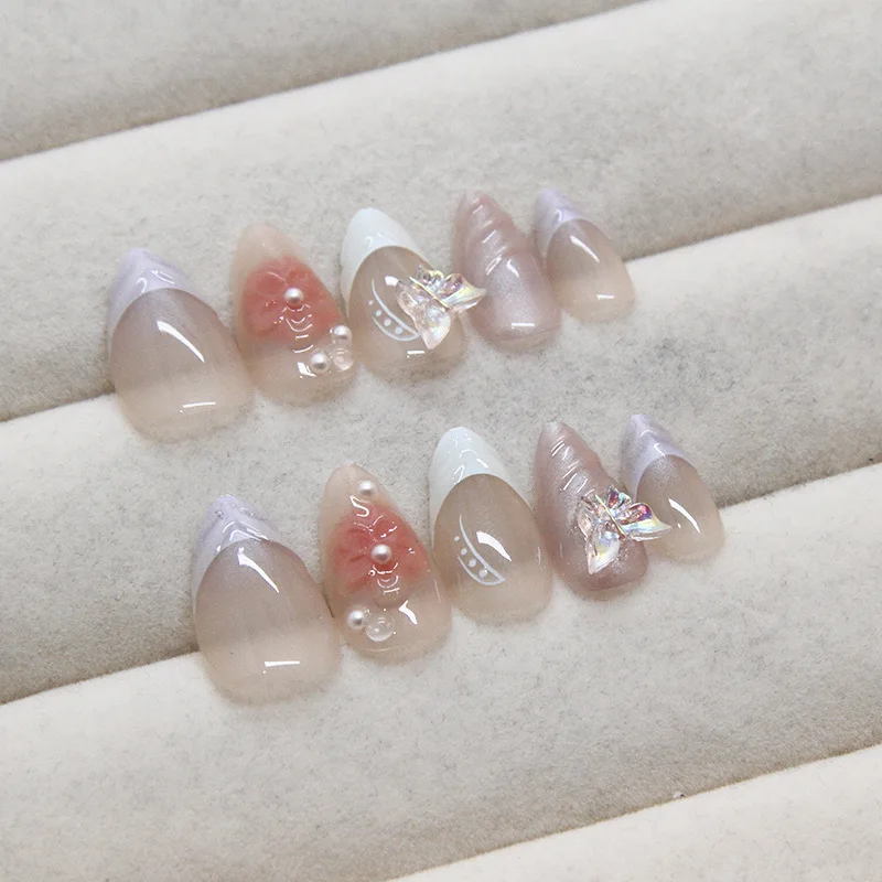 Uñas postizas de mariposa para manicura, uñas postizas con diseño de flores 3D, color rosa claro, color blanco, desmontable, estilo francés, 24 piezas