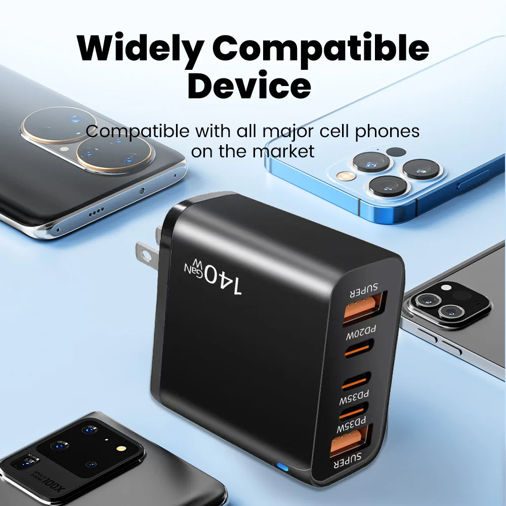 140 واط 5-Port Quick GaN شاحن 2USB + 3Type C شحن سريع شاحن الهاتف المحمول آيفون 15 16 17 سامسونج كمبيوتر محمول اللوحي